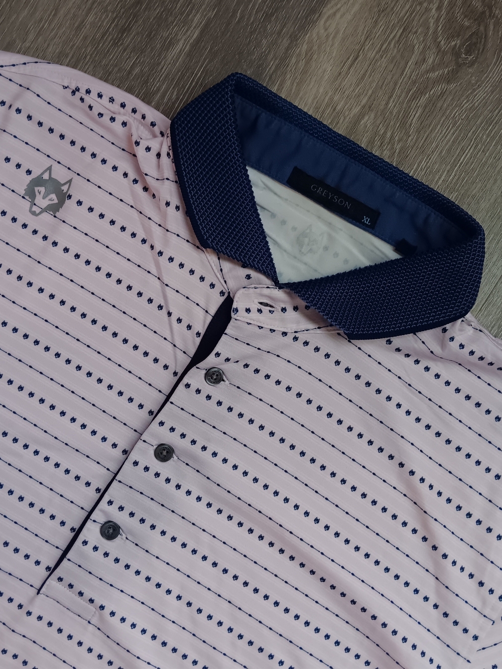 Greyson Men’s Pink Patterned Polo Shirt with Navy Collar XL